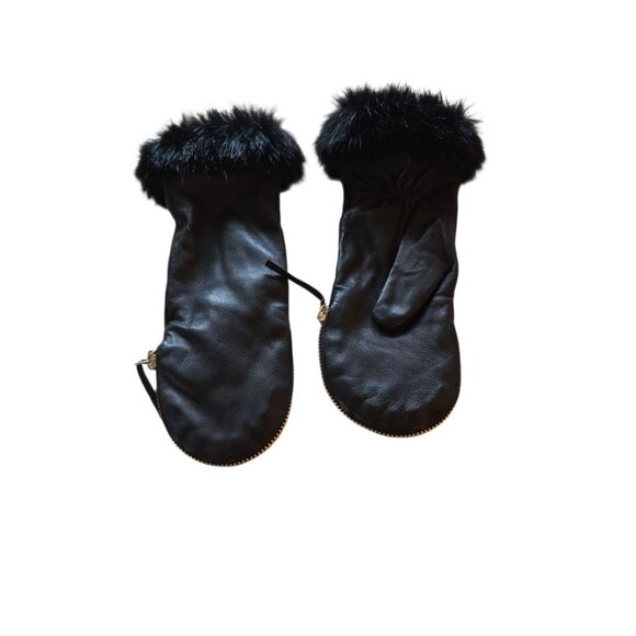 carolina amato gloves Lambskin Leather Black Fur Trim Zip - Picture 1 of 11